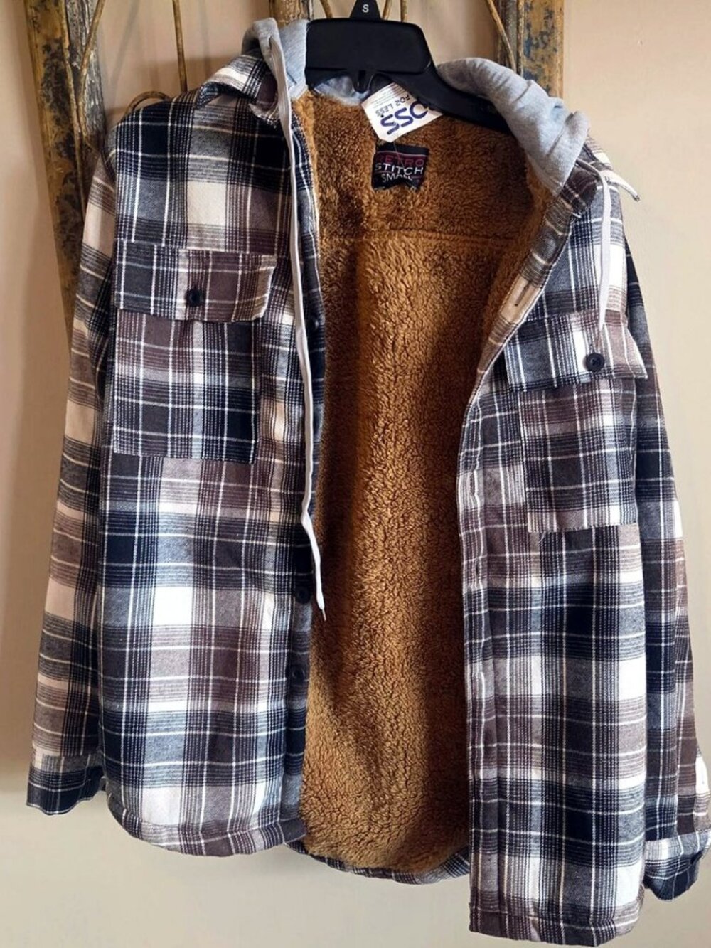 Retro Stitch Men's Sherpa Lined Hooded Flannel Shirt Jacket Brown Plaid S NWT